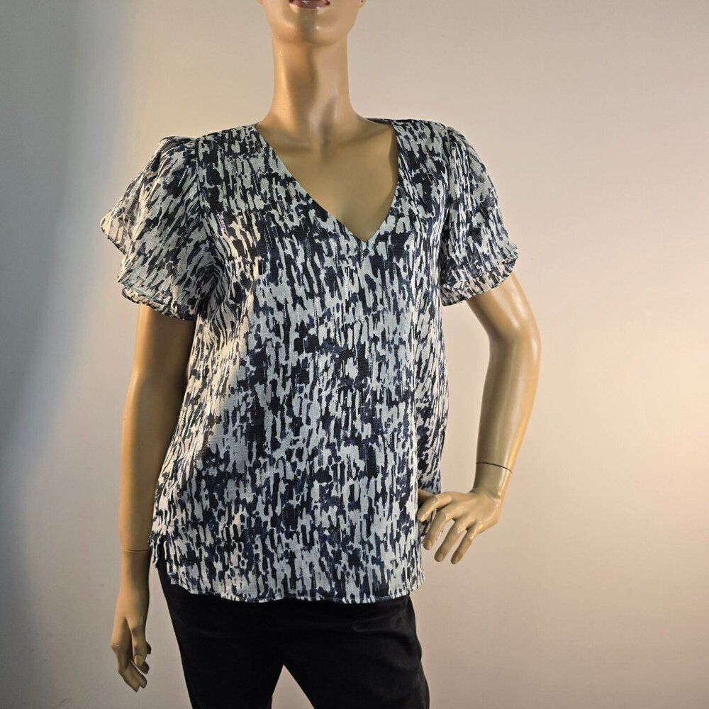 Vince Camuto Abstract Print Top In Antarctica Puff Short Sleeve Sparkle Silver M